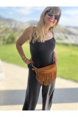 Gerçek Deri Tamamen El Yapımı Kadın Püsküllü Bel Çantası Freebag