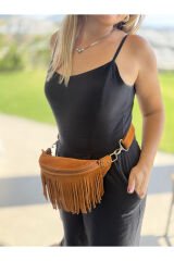 Gerçek Deri Tamamen El Yapımı Kadın Püsküllü Bel Çantası Freebag