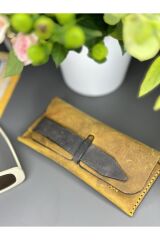 %100 Gerçek Deri El Yapımı Kadın Erkek Sarı Gri Gözlük Kılıfı Kemerli Gözlük Kabı