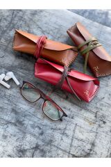 %100 Gerçek Deri El Yapımı Sırım Dolamalı Kadın Erkek Unisex Taba Gözlük Kılıfı Gözlük Kabı