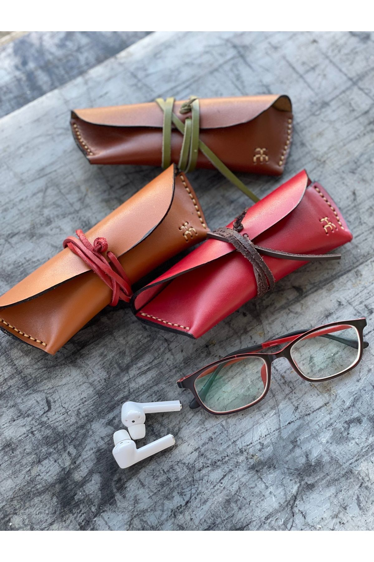 %100 Gerçek Deri El Yapımı Sırım Dolamalı Kadın Erkek Unisex Taba Gözlük Kılıfı Gözlük Kabı