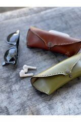 %100 Gerçek Deri El Yapımı Çıtçıt Kapamalı Kadın Erkek Unisex Taba Gözlük Kılıfı Gözlük Kabı