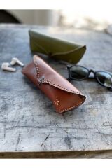 %100 Gerçek Deri El Yapımı Çıtçıt Kapamalı Kadın Erkek Unisex Taba Gözlük Kılıfı Gözlük Kabı