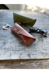 %100 Gerçek Deri El Yapımı Çıtçıt Kapamalı Kadın Erkek Unisex Taba Gözlük Kılıfı Gözlük Kabı