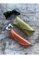 %100 Gerçek Deri El Yapımı Çıtçıt Kapamalı Kadın Erkek Unisex Taba Gözlük Kılıfı Gözlük Kabı