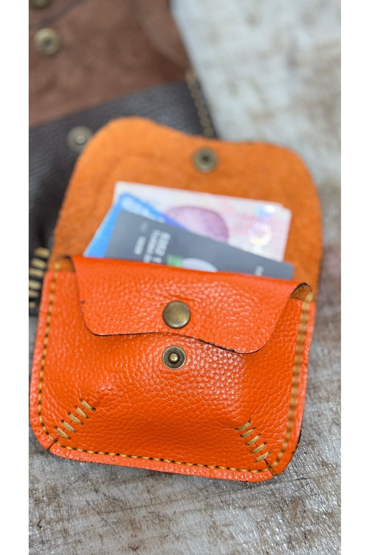 %100gerçek Süet Deri Elyapımı Kadın Erkek Unisex 2 Gözlü Taba Bozuk Para Cüzdan