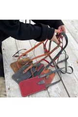 %100 Deri El Yapımı Kadın Erkek Unisex Kırmızı Gri Telefonluk Telefon Postacı Kol Çantası