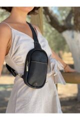 %100 Gerçek Deri El Yapımı Siyah Kadın Erkek Unisex Freebag Siyah Omuz Çantası Telefon Çantası