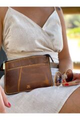 %100 Hakiki Deri El Yapımı Kadın Erkek Unisex Taba Bel Çantası 2 Cepli Fermuarlı Freebag