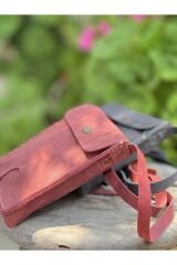 %100 Deri El Yapımı Kırmızı Telefon Çantası Telefonluk Gerçek Deri