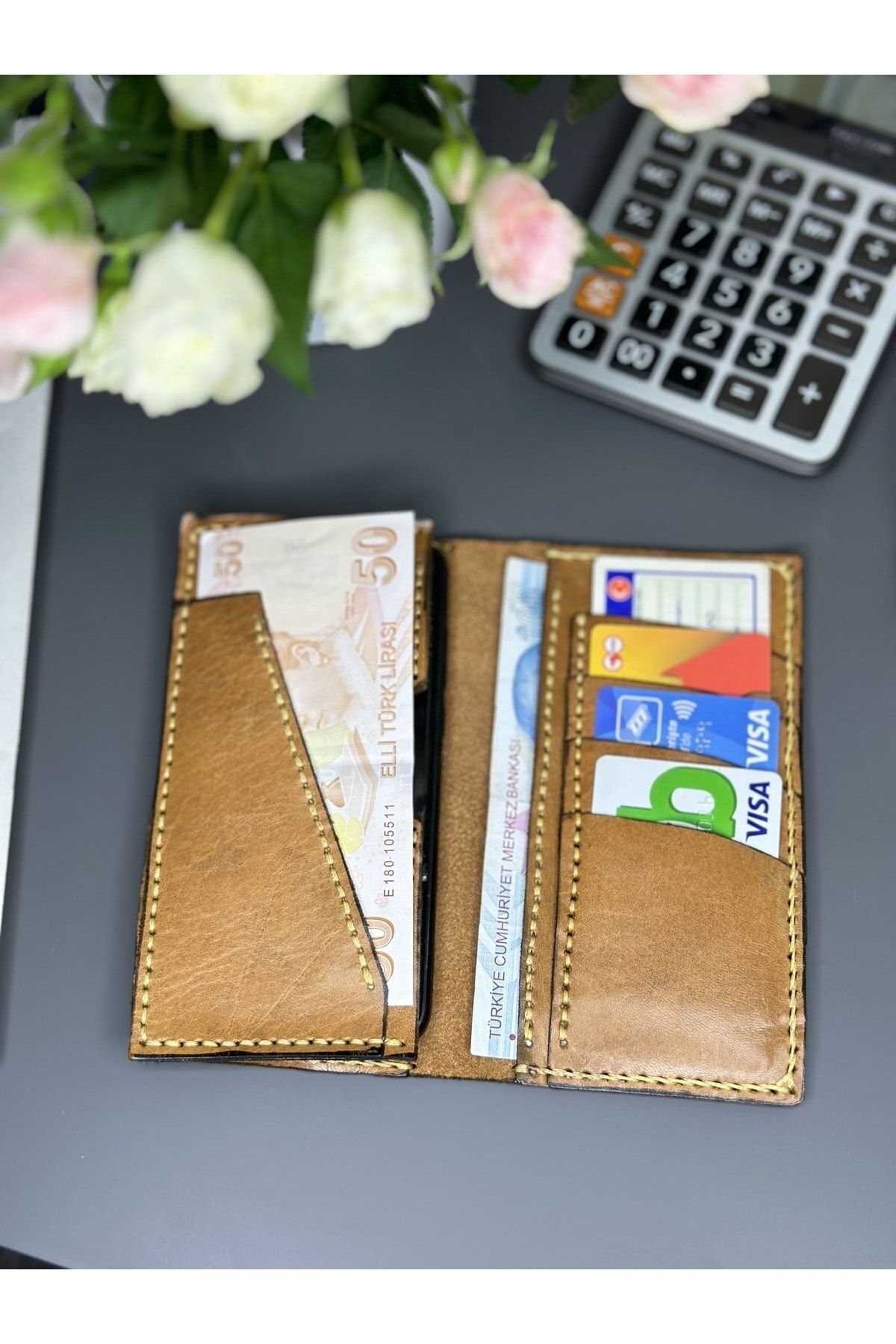 %100 Gerçek Deri El Yapımı Kadın Erkek Unisex Taba Rengi Kartlıklı Yumuşak Cüzdan