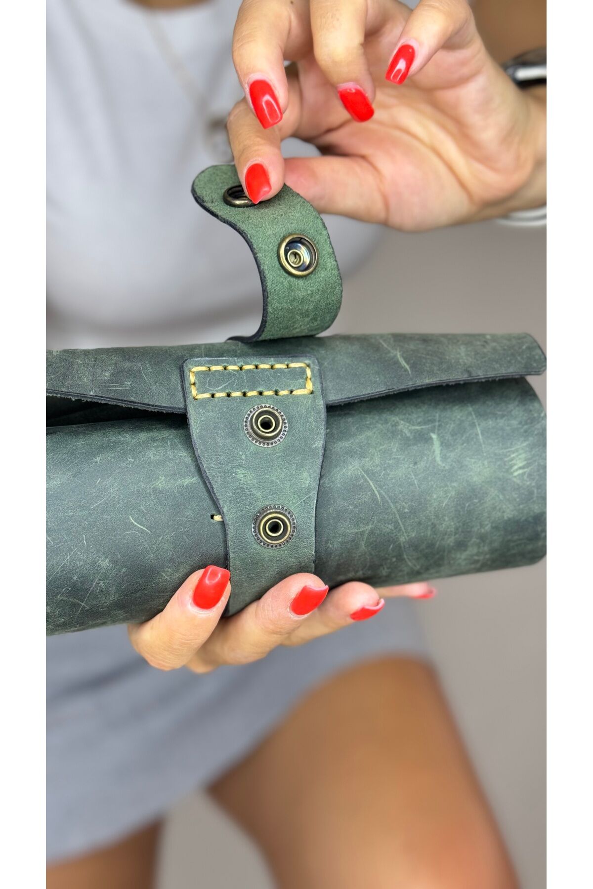 %100 Gerçek Deri El Yapımı Kadın Erkek Unisex Rulo 13 bölmeli Yeşil Kalemlik