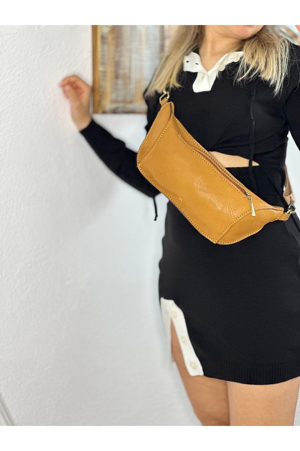 % 100 Hakiki Deri El Yapımı Kanvas Kemerli Kadın Erkek Unisex Taba Fermuarlı Bel Çantası Freebag