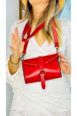 %100 Gerçek Deri Elyapımı Kadın Kırmızı Minimal Deri Postacı Çapraz Kol Omuz Çantası