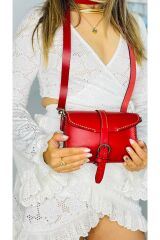 %100 Gerçek Deri Elyapımı Kadın Kırmızı Minimal Deri Postacı Çapraz Kol Omuz Çantası