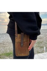 %100 Deri El Yapımı Kadın Erkek Unisex Sarı Kahverengi Telefonluk Telefon Postacı Kol Çantası