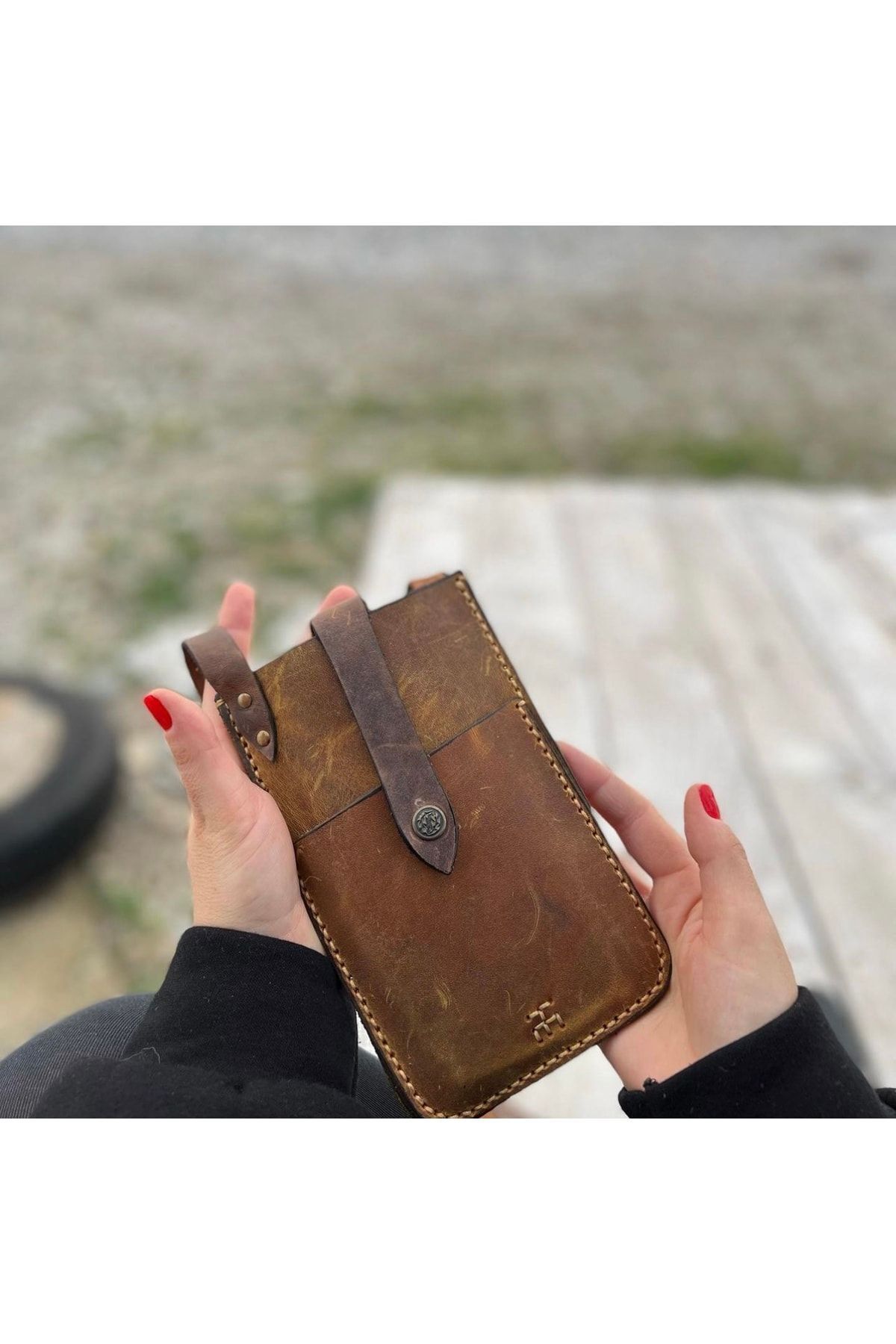 %100 Deri El Yapımı Kadın Erkek Unisex Sarı Kahverengi Telefonluk Telefon Postacı Kol Çantası