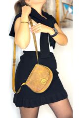 %100 Gerçek Deri Ve El Yapımı Oval Postacı Kadın Sarı Hardal Ayarlanabilir Omuz Askılı Kol Çantası