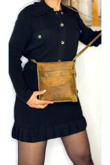 %100 Gercek Deri Zarf Postacı Çanta El Yapımı El Işçiliği Ayarlanabilir Kadın Çapraz Sarı Çanta