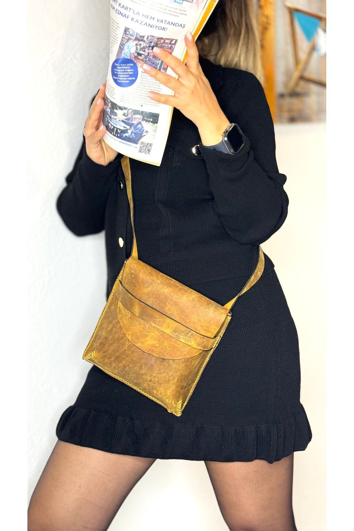 %100 Gercek Deri Zarf Postacı Çanta El Yapımı El Işçiliği Ayarlanabilir Kadın Çapraz Sarı Çanta