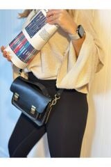 %100 Deri El Yapımı Kadın Siyah Postacı Çanta Omuz Askılı Çift Kilitli Çapraz Askılı El Çantası