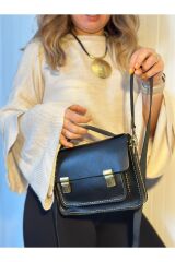 %100 Deri El Yapımı Kadın Siyah Postacı Çanta Omuz Askılı Çift Kilitli Çapraz Askılı El Çantası