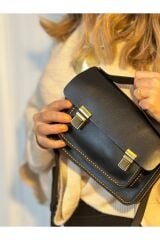 %100 Deri El Yapımı Kadın Siyah Postacı Çanta Omuz Askılı Çift Kilitli Çapraz Askılı El Çantası