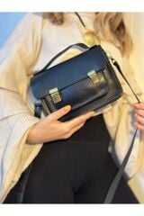 %100 Deri El Yapımı Kadın Siyah Postacı Çanta Omuz Askılı Çift Kilitli Çapraz Askılı El Çantası