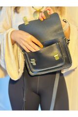 %100 Deri El Yapımı Kadın Siyah Postacı Çanta Omuz Askılı Çift Kilitli Çapraz Askılı El Çantası