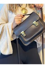 %100 Gerçek Deri Elyapımı Kadın Kahverengi Omuz Askılı Çift Kilitli El - Çapraz Postacı Çanta