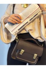 %100 Gerçek Deri Elyapımı Kadın Kahverengi Omuz Askılı Çift Kilitli El - Çapraz Postacı Çanta