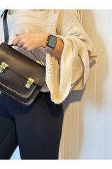 %100 Gerçek Deri Elyapımı Kadın Kahverengi Omuz Askılı Çift Kilitli El - Çapraz Postacı Çanta