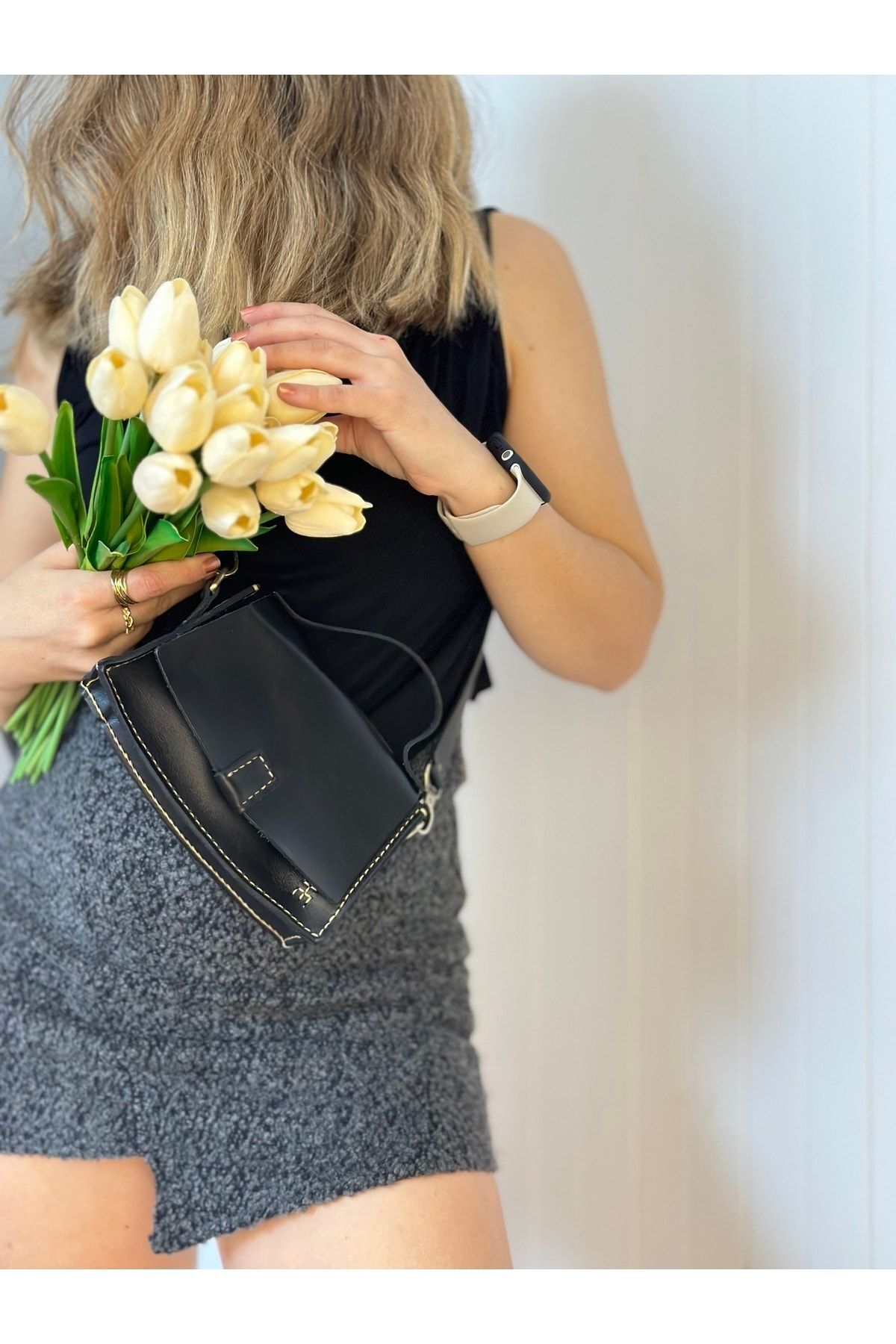 %100 Gerçek Deri El Yapımı Kadın Siyah El Çantası Omuz Askılı Postacı Çapraz Minimal Çanta