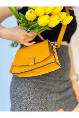 %100 Gerçek Deri El Yapımı Kadın Sarı Hardal El Çantası Omuz Askılı Postacı Çanta Minimal Çanta