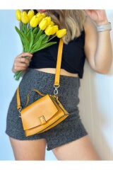 %100 Gerçek Deri El Yapımı Kadın Sarı Hardal El Çantası Omuz Askılı Postacı Çanta Minimal Çanta