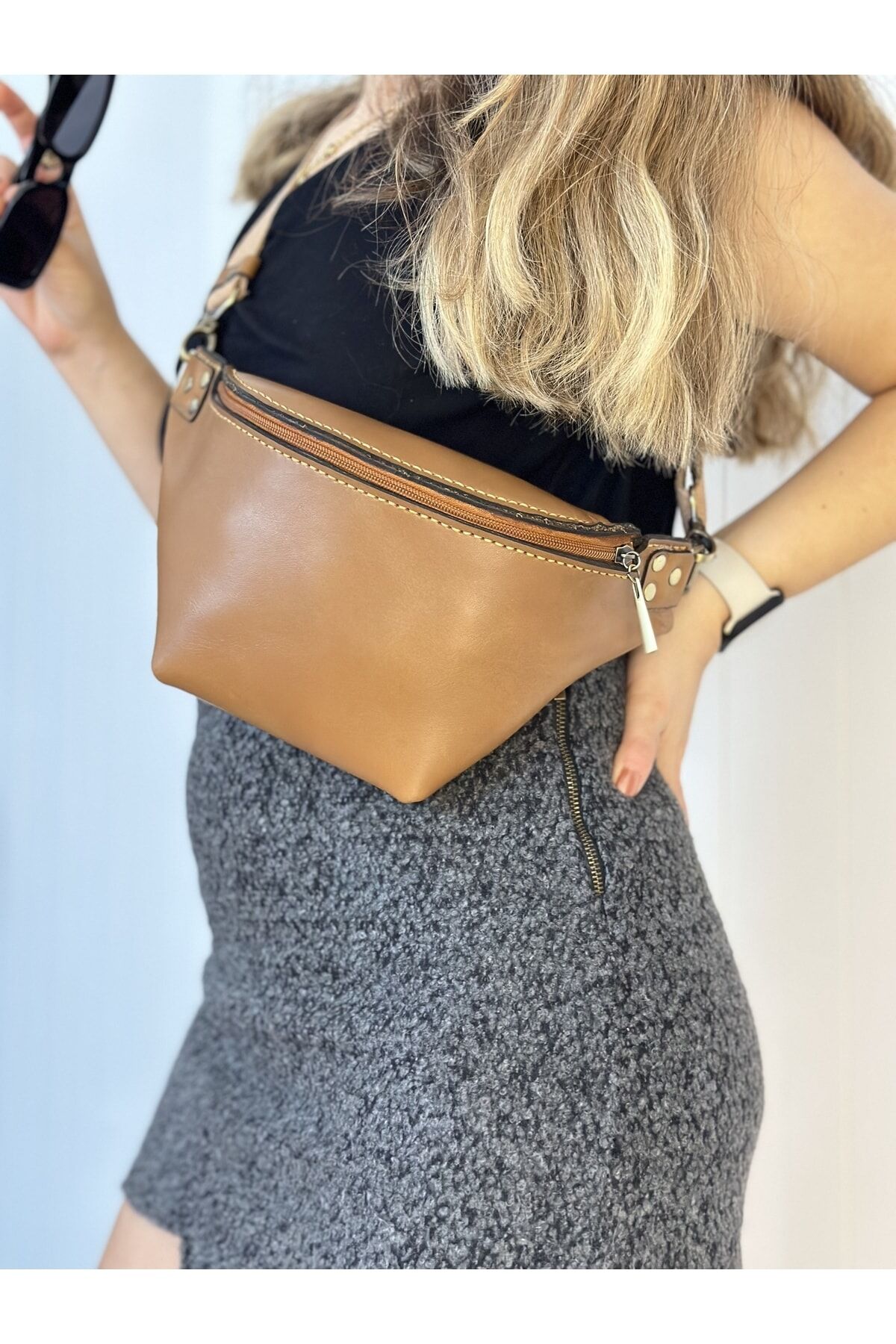 %100 Hakiki Deri El Yapımı Kanvas Kemerli Taba Deri Kadın Erkek Unisex Bel Çantası Freebag