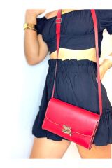 %100 Hakiki Deri El Yapımı Kadın Kırmızı Kilitli Postacı Çanta Omuz Askılı Dikdörtgen Çanta