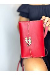 %100 Hakiki Deri El Yapımı Kadın Kırmızı Kilitli Postacı Çanta Omuz Askılı Dikdörtgen Çanta