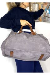 %100 Gerçek Süet Deri El Yapımı Gri-taba Kol Çantası Ayarlanabilir Omuz Askılı Çapraz Büyük Çanta