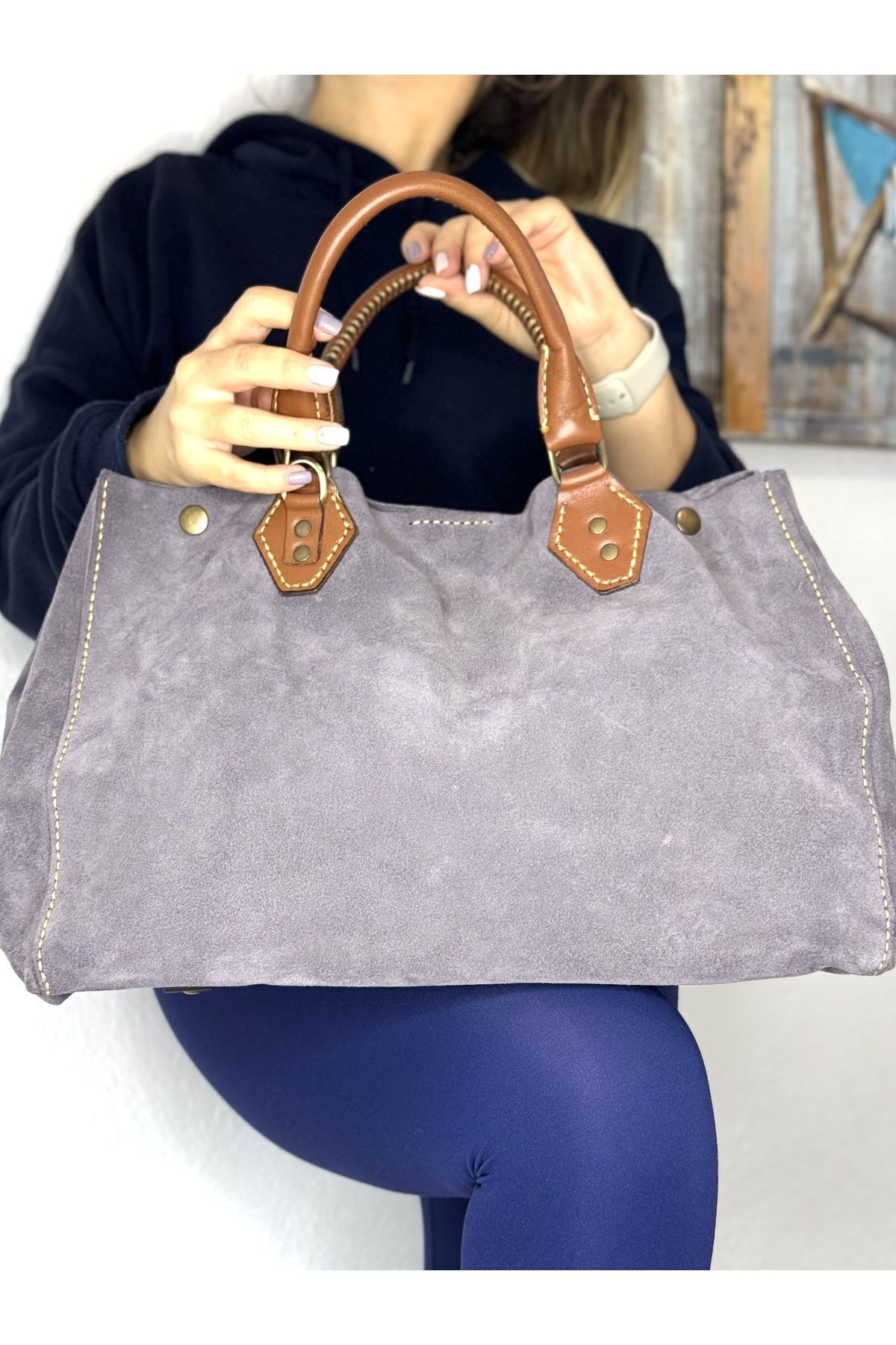 %100 Gerçek Süet Deri El Yapımı Gri-taba Kol Çantası Ayarlanabilir Omuz Askılı Çapraz Büyük Çanta