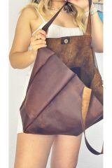 %100 Gerçek Deri El Yapımı Kadın Kahverengi Kol Omuz Çantası Deri Cüzdanlı Büyük Omuz Çantası